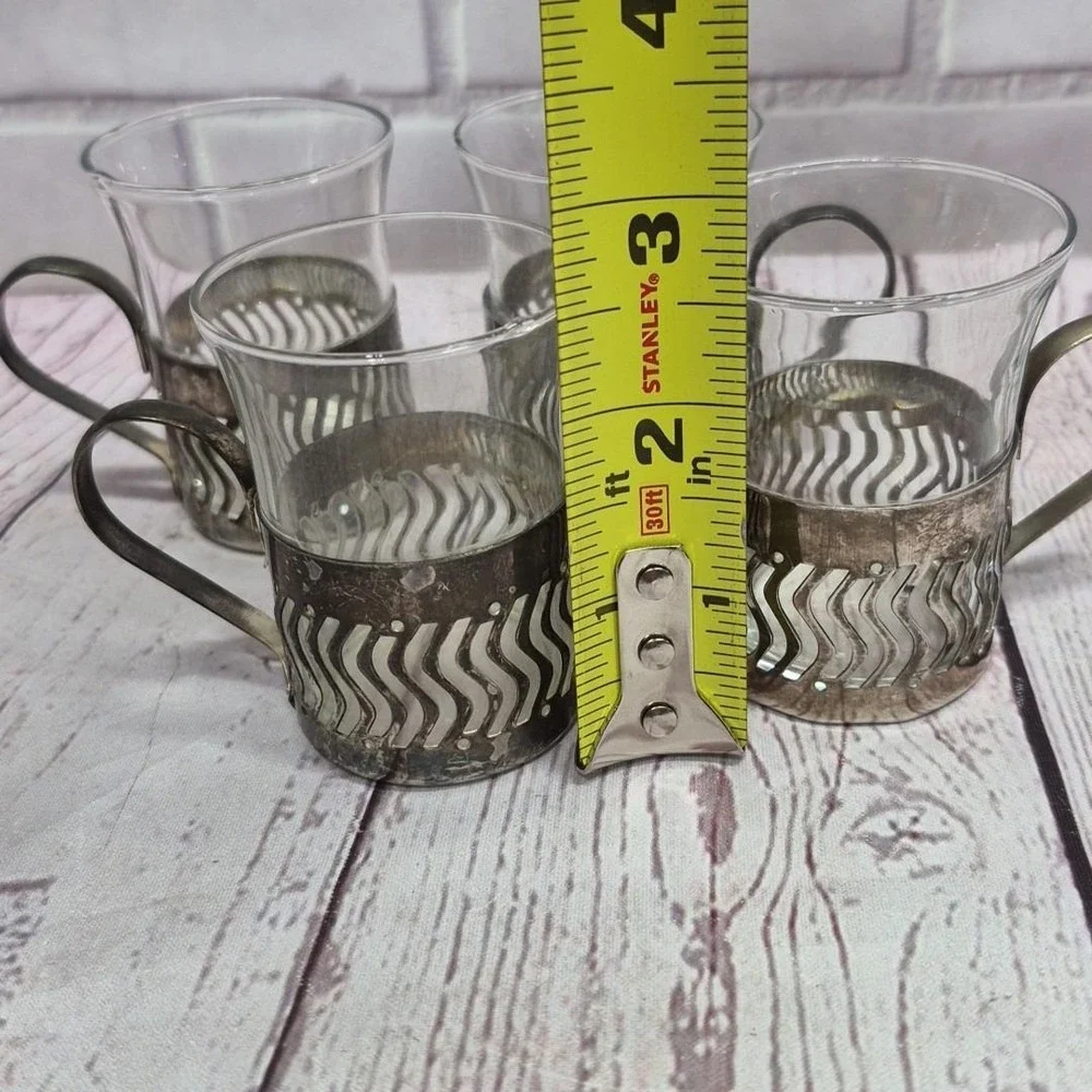 4~Turkish Coffee Italian Espresso Demitasse Silver Plate Metal Holder Glass Cups